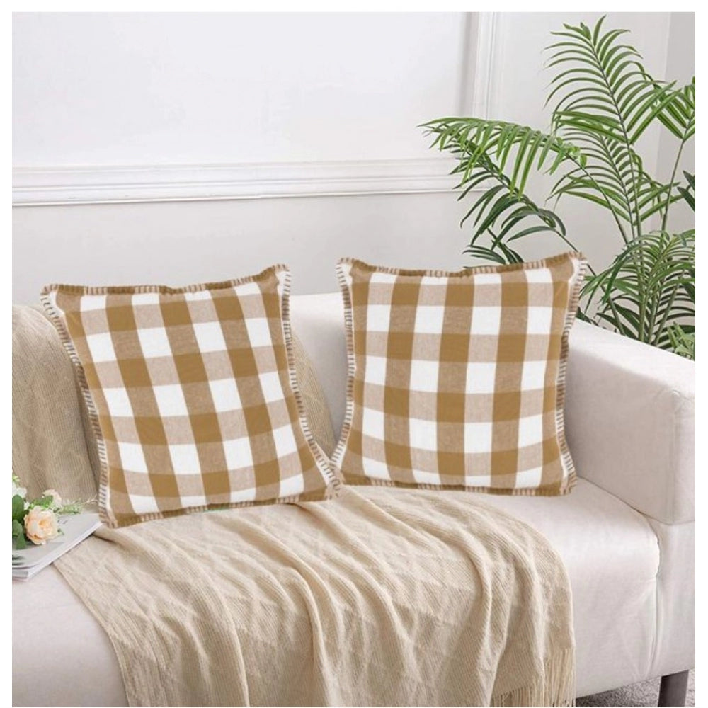 Amfyn Pack Of_2 Cotton Checkered Cushion Cover With Blanket Stitch (Beige, Size: 24x24 In)
