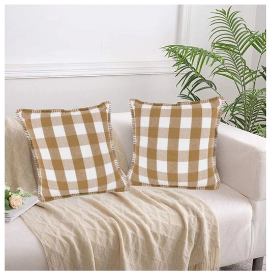 Amfyn Pack Of_2 Cotton Checkered Cushion Cover With Blanket Stitch (Beige, Size: 24x24 In)
