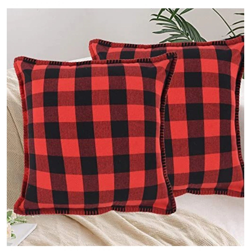 Amfyn Pack Of_2 Cotton Checkered Cushion Cover With Blanket Stitch (Red &amp; Black, Size: 24x24 In)