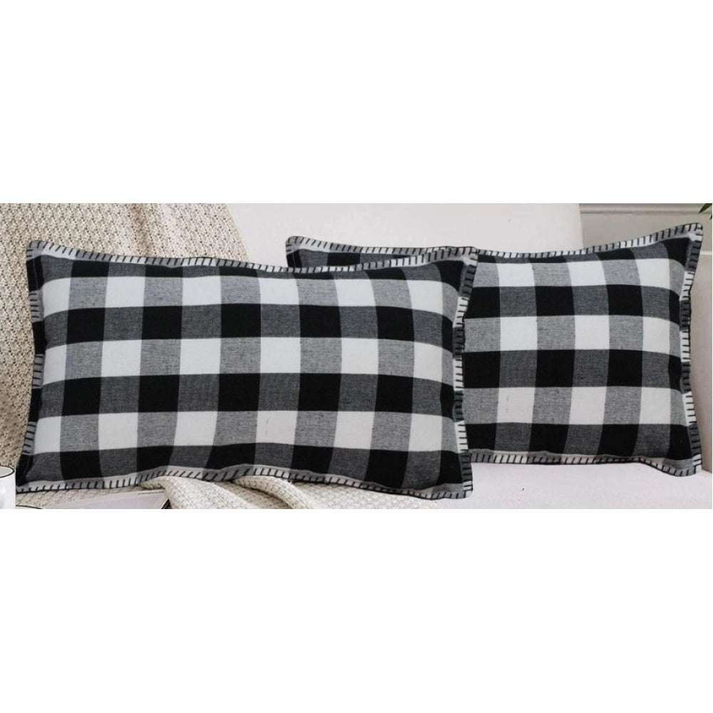 Amfyn Pack Of_2 Cotton Checkered Cushion Cover With Blanket Stitch (Black, Size: 12x20 In)