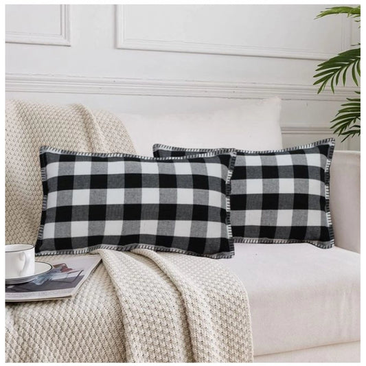 Amfyn Pack Of_2 Cotton Checkered Cushion Cover With Blanket Stitch (Black, Size: 12x20 In)