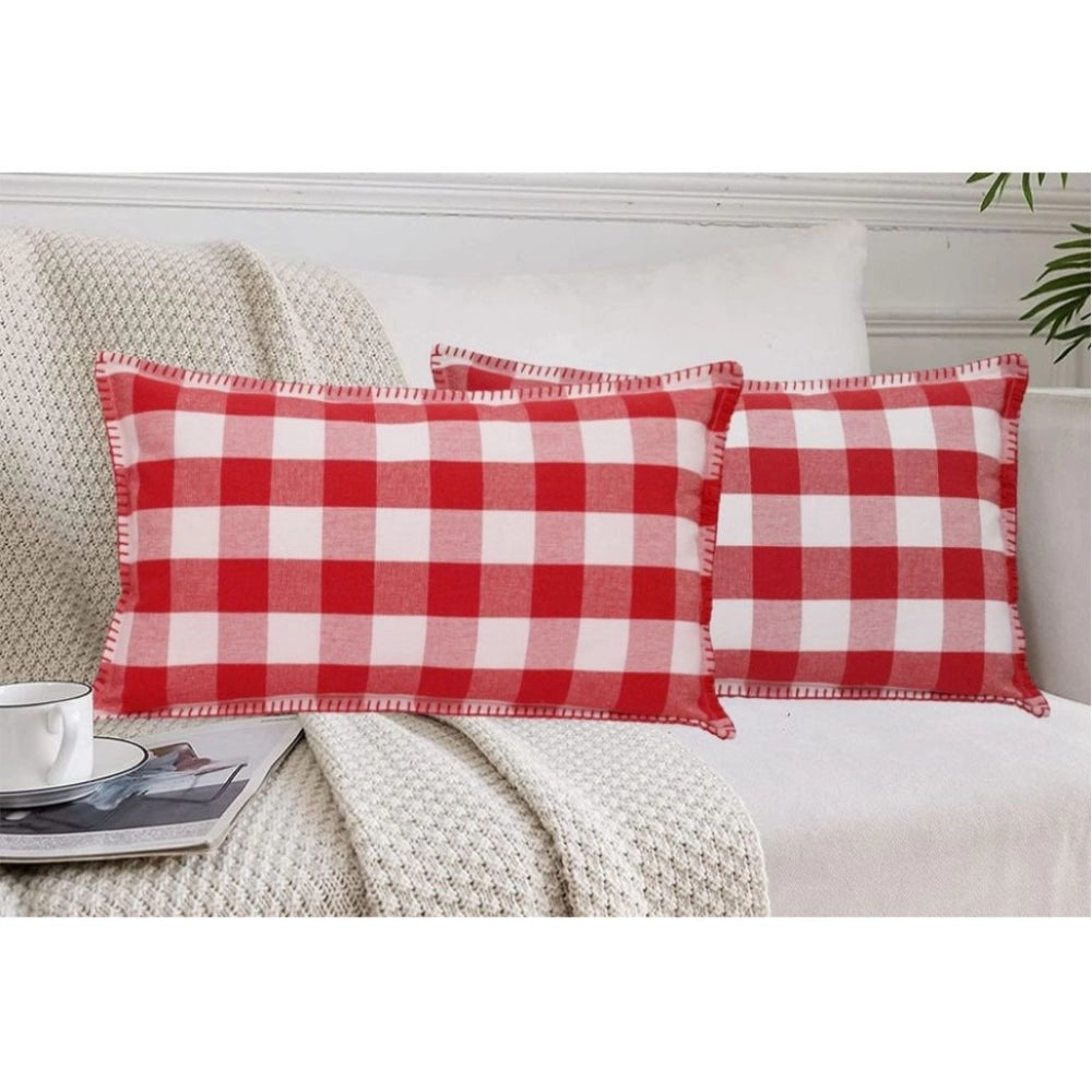 Amfyn Pack Of_2 Cotton Checkered Cushion Cover With Blanket Stitch (Red &amp; White, Size: 12x20 In)