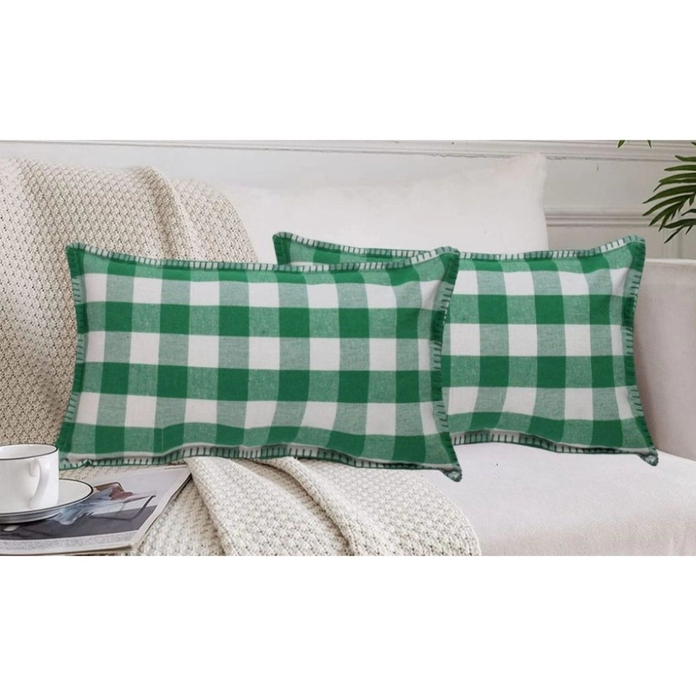 Amfyn Pack Of_2 Cotton Checkered Cushion Cover With Blanket Stitch (Green, Size: 12x20 In)