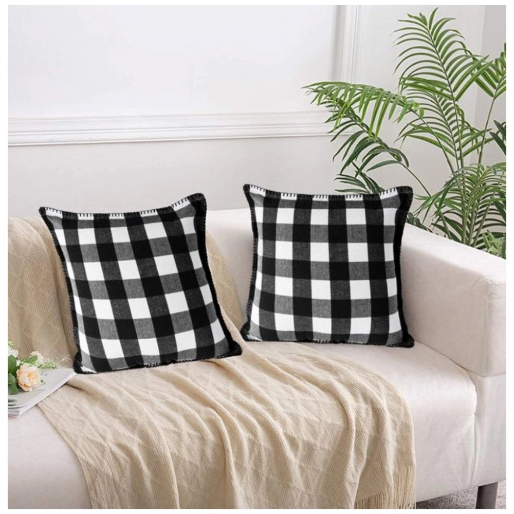 Amfyn Pack Of_2 Cotton Checkered Cushion Cover With Blanket Stitch (Black &amp; White, Size: 18x18 In)