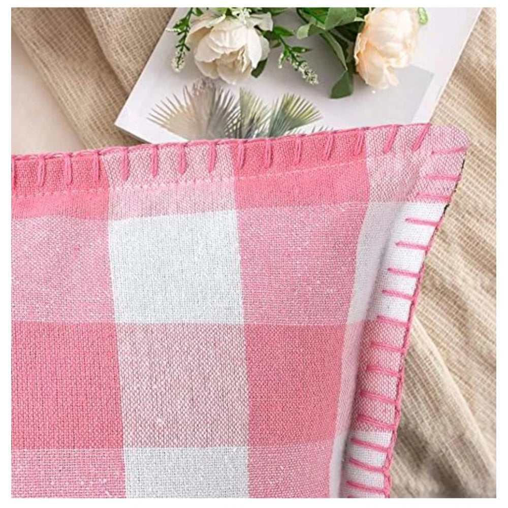 Amfyn Pack Of_2 Cotton Checkered Cushion Cover With Blanket Stitch (Baby Pink, Size: 16x16 In)