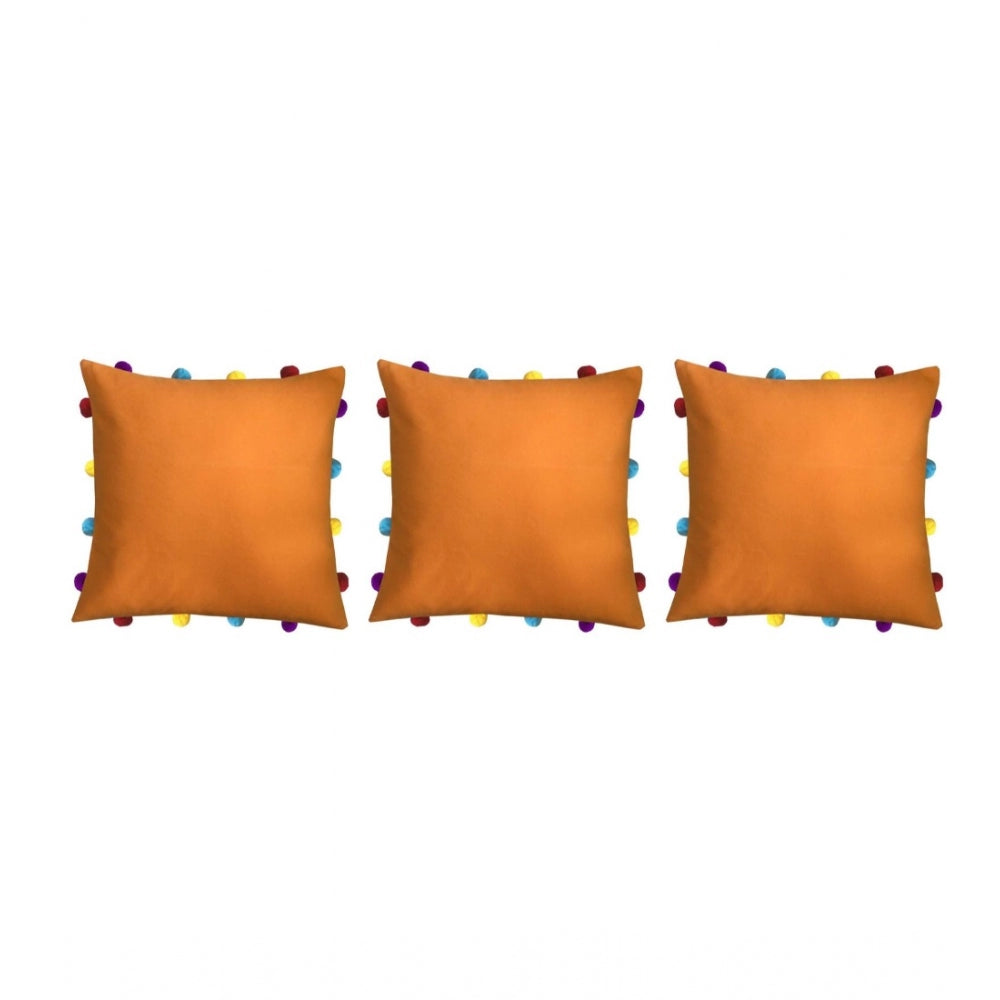 Amfyn Cotton Solid Pom Pom Cushion Covers (Orange, Size: 14x14 In)