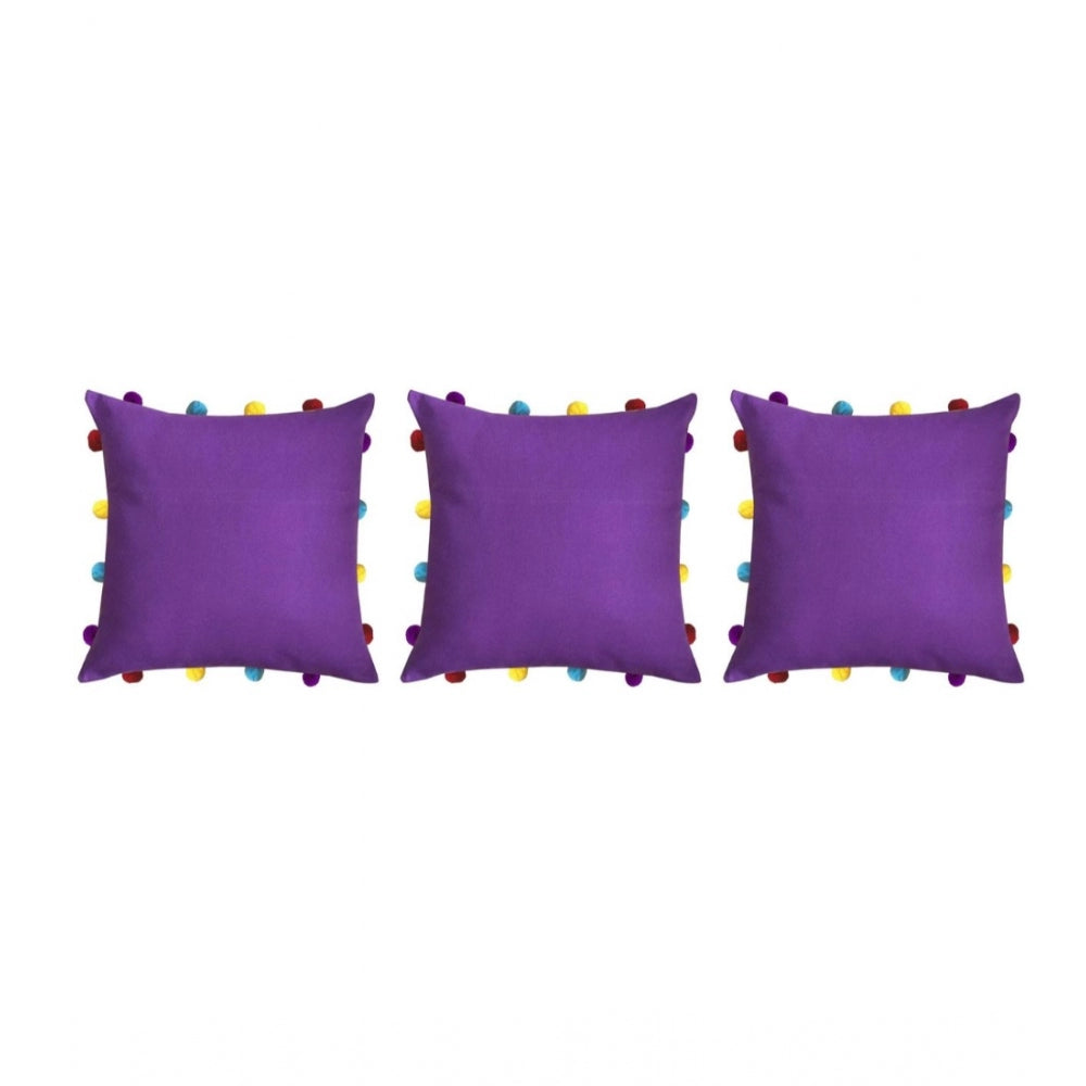 Amfyn Cotton Solid Pom Pom Cushion Covers (Dark Purple, Size: 14x14 In)