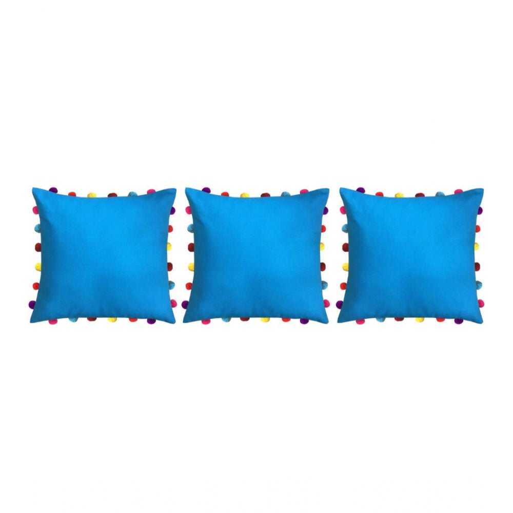 Amfyn Cotton Solid Pom Pom Cushion Covers (Blue, Size: 18x18 In)