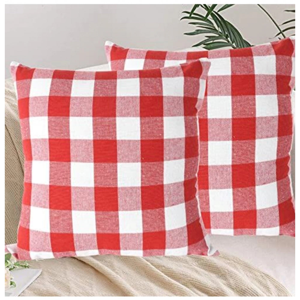 Amfyn Pack Of_4 Cotton Checkered Cushion Cover With Pom Pom (Red, Size: 20x20 In)