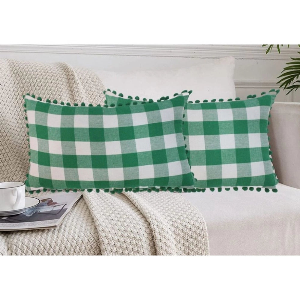 Amfyn Pack Of_2 Cotton Checkered Cushion Cover With Pom Pom (Green, Size: 12x20 In)