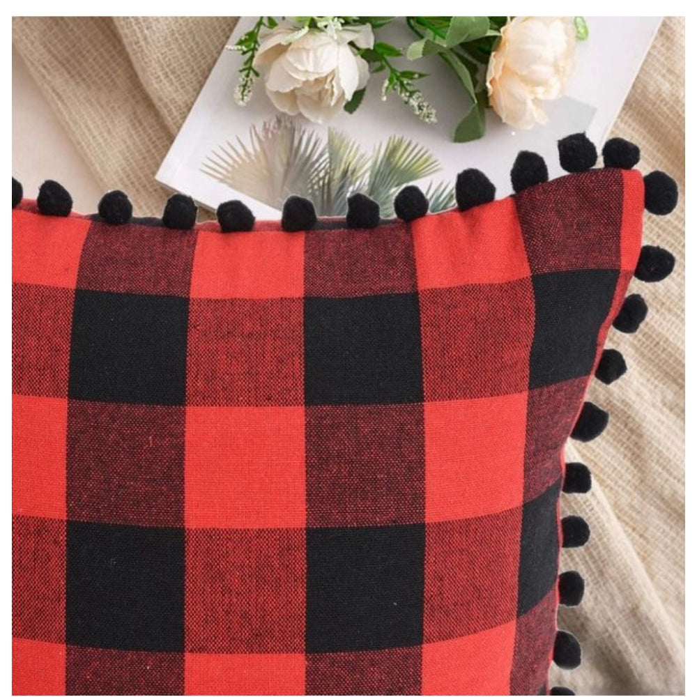 Amfyn Pack Of_2 Cotton Checkered Cushion Cover With Pom Pom (Red &amp; Black, Size: 18x18 In)