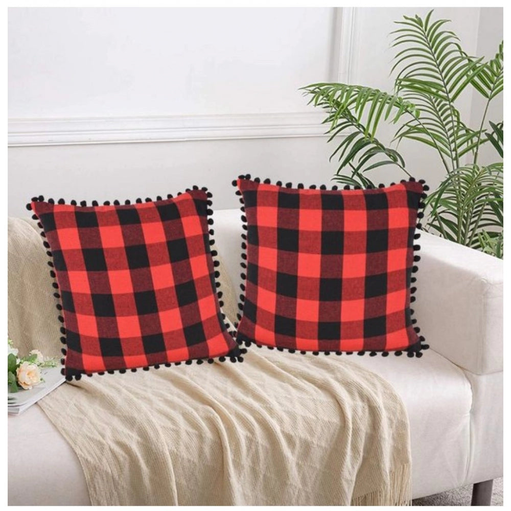 Amfyn Pack Of_2 Cotton Checkered Cushion Cover With Pom Pom (Red &amp; Black, Size: 18x18 In)
