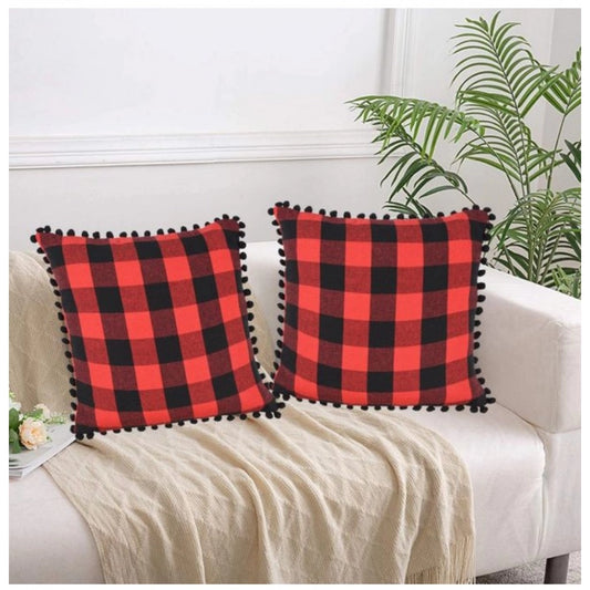 Amfyn Pack Of_2 Cotton Checkered Cushion Cover With Pom Pom (Red &amp; Black, Size: 18x18 In)