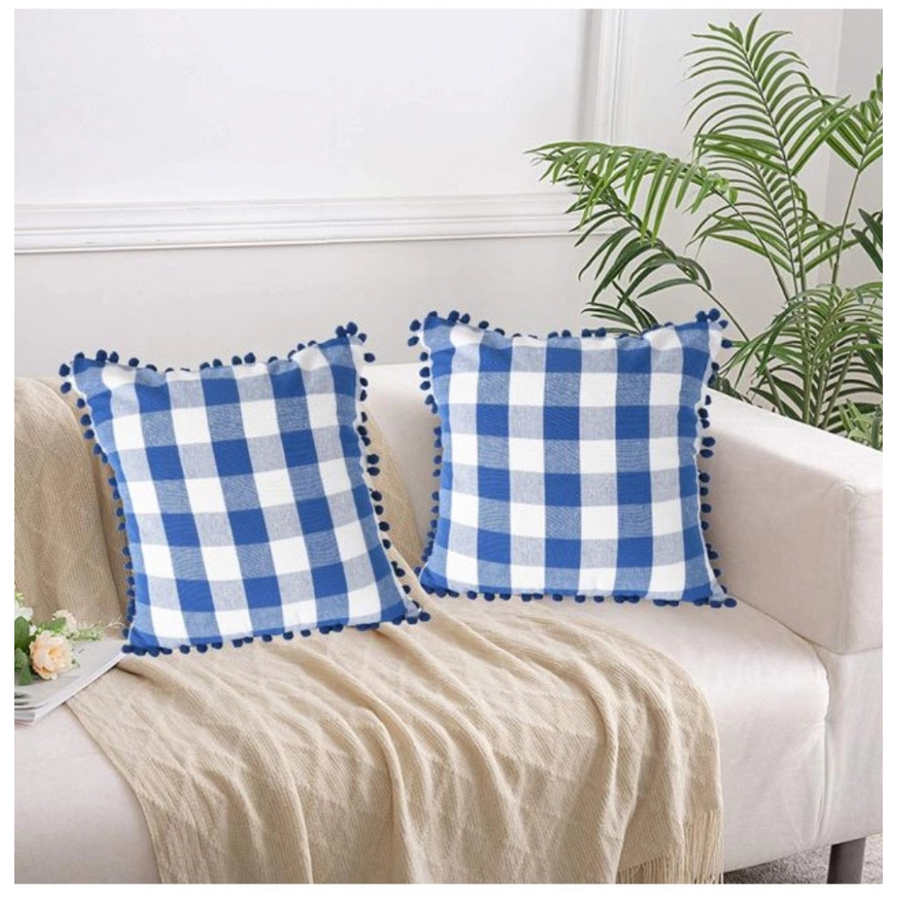 Amfyn Pack Of_2 Cotton Checkered Cushion Cover With Pom Pom (Blue, Size: 18x18 In)