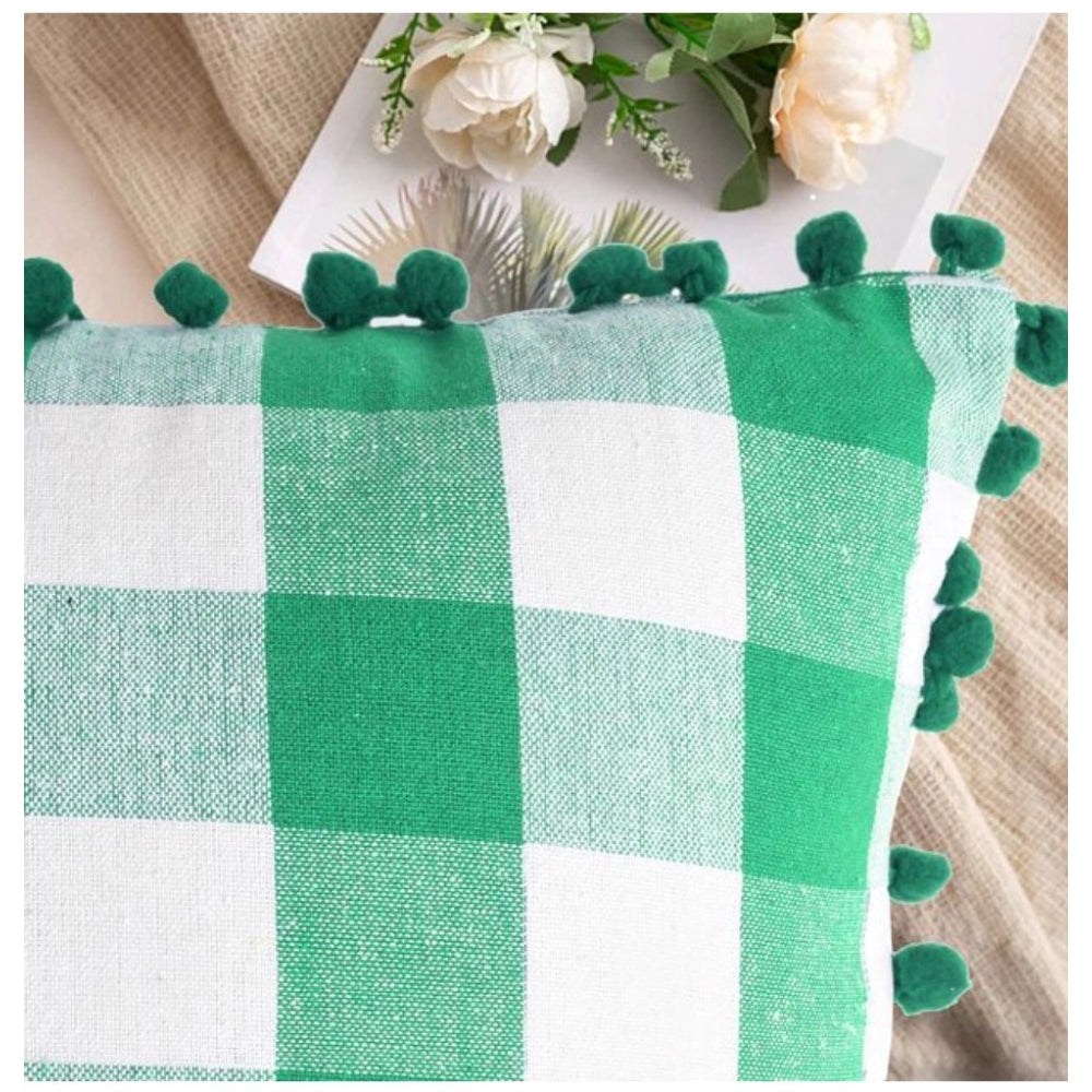 Amfyn Pack Of_2 Cotton Checkered Cushion Cover With Pom Pom (Green, Size: 18x18 In)