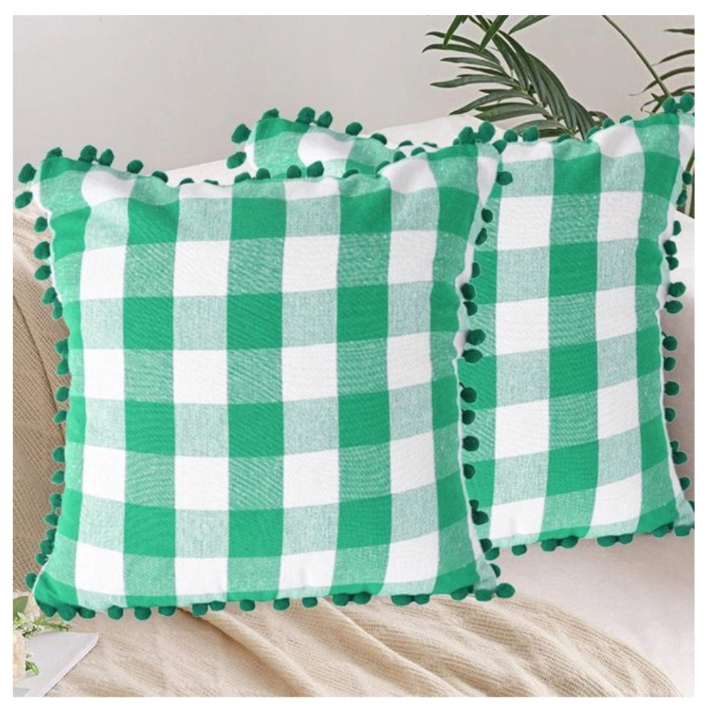 Amfyn Pack Of_2 Cotton Checkered Cushion Cover With Pom Pom (Green, Size: 18x18 In)