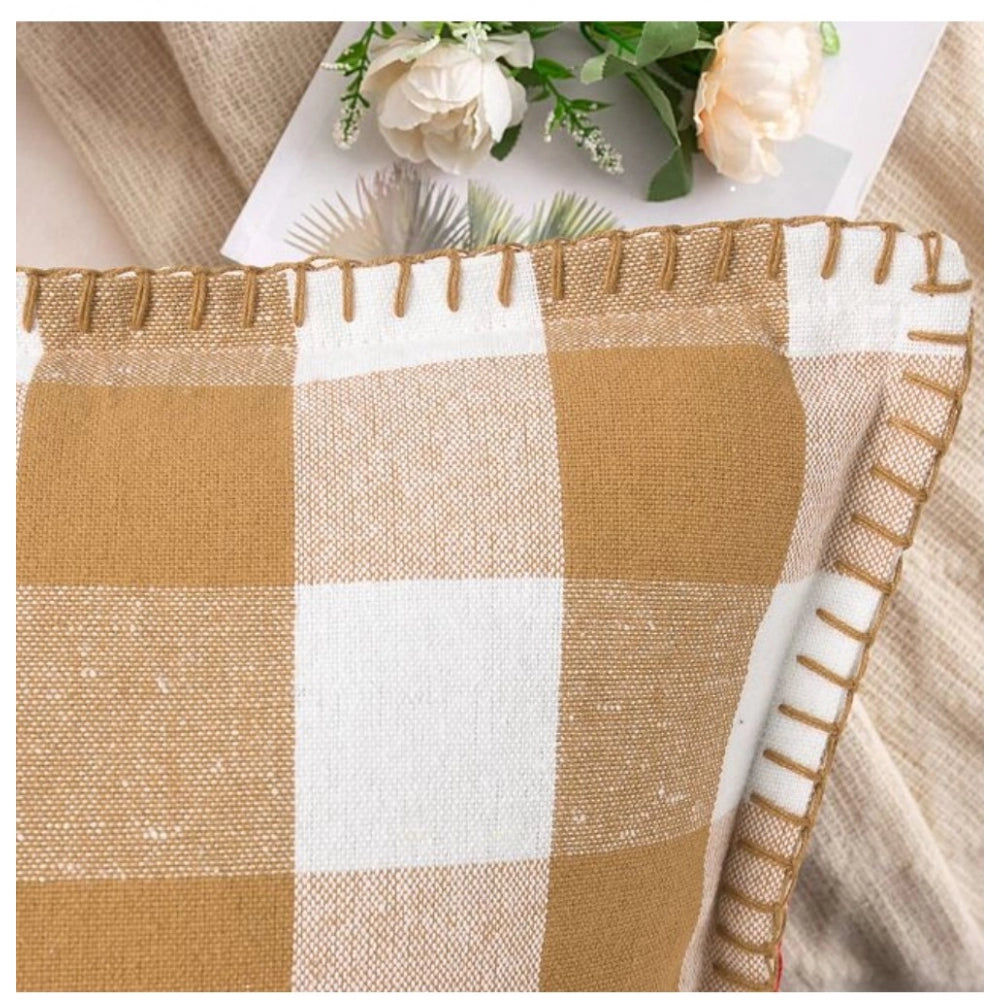 Amfyn Pack Of_2 Cotton Checkered Cushion Cover With Blanket Stitch (Beige, Size: 24x24 In)