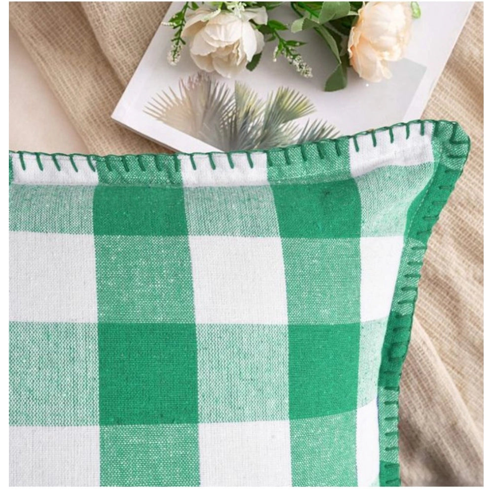 Amfyn Pack Of_2 Cotton Checkered Cushion Cover With Blanket Stitch (Green, Size: 12x20 In)