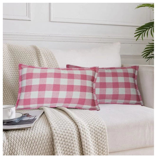 Amfyn Pack Of_2 Cotton Checkered Cushion Cover With Blanket Stitch (Baby Pink, Size: 12x20 In)