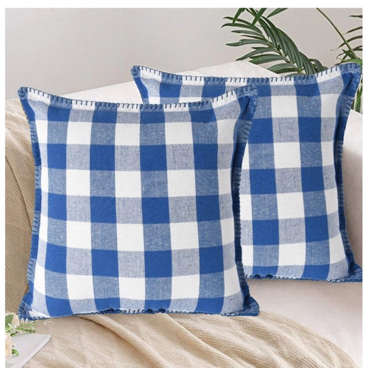 Amfyn Pack Of_2 Cotton Checkered Cushion Cover With Blanket Stitch (Blue, Size: 18x18 In)