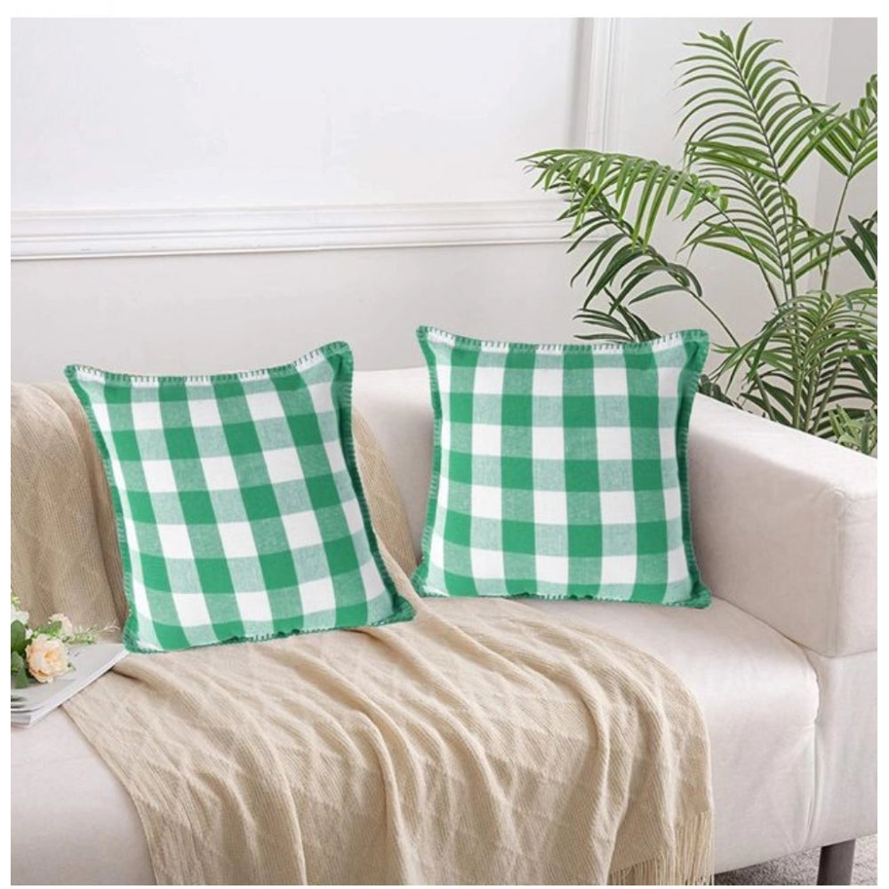 Amfyn Pack Of_2 Cotton Checkered Cushion Cover With Blanket Stitch (Green, Size: 18x18 In)