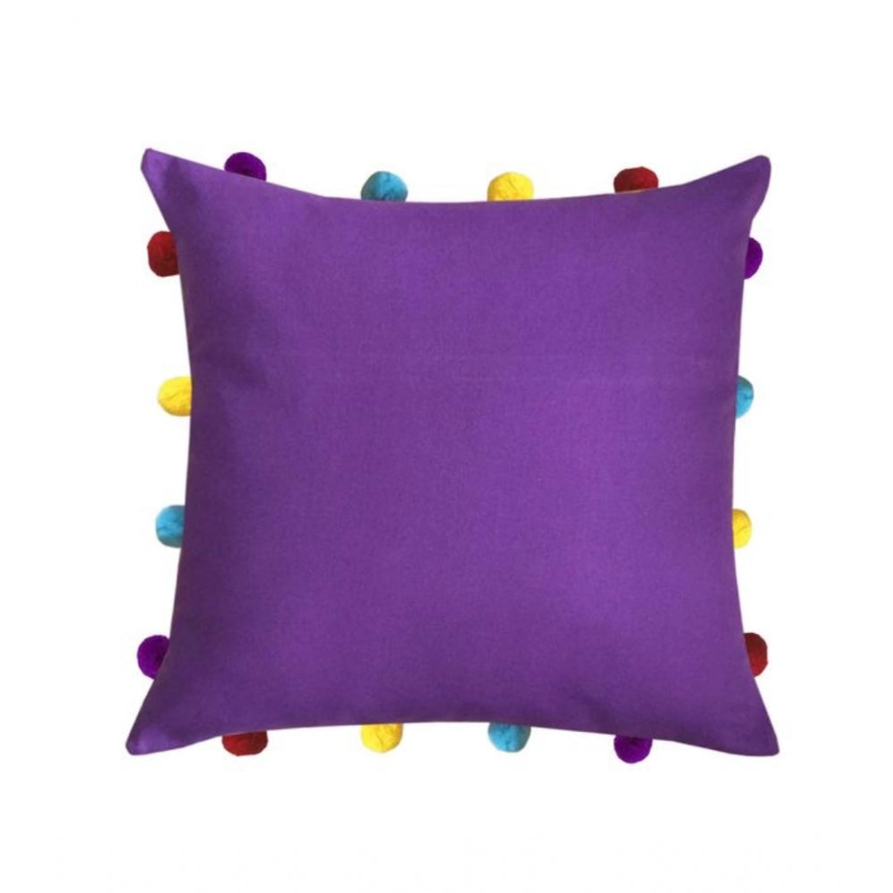 Amfyn Cotton Solid Pom Pom Cushion Covers (Dark Purple, Size: 14x14 In)