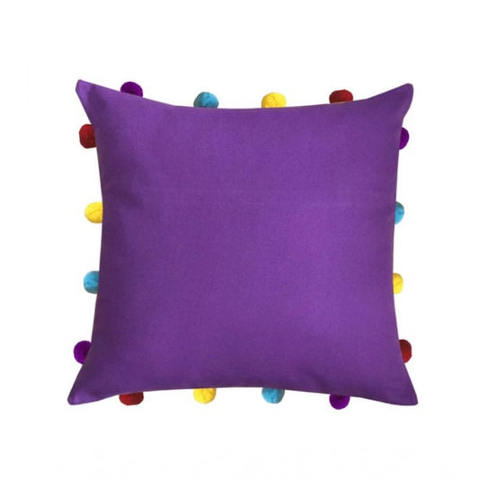 Amfyn Cotton Solid Pom Pom Cushion Covers (Dark Purple, Size: 14x14 In)