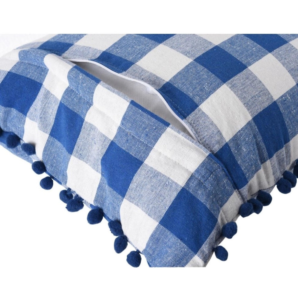 Amfyn Pack Of_2 Cotton Checkered Cushion Cover With Pom Pom (Blue, Size: 12x20 In)