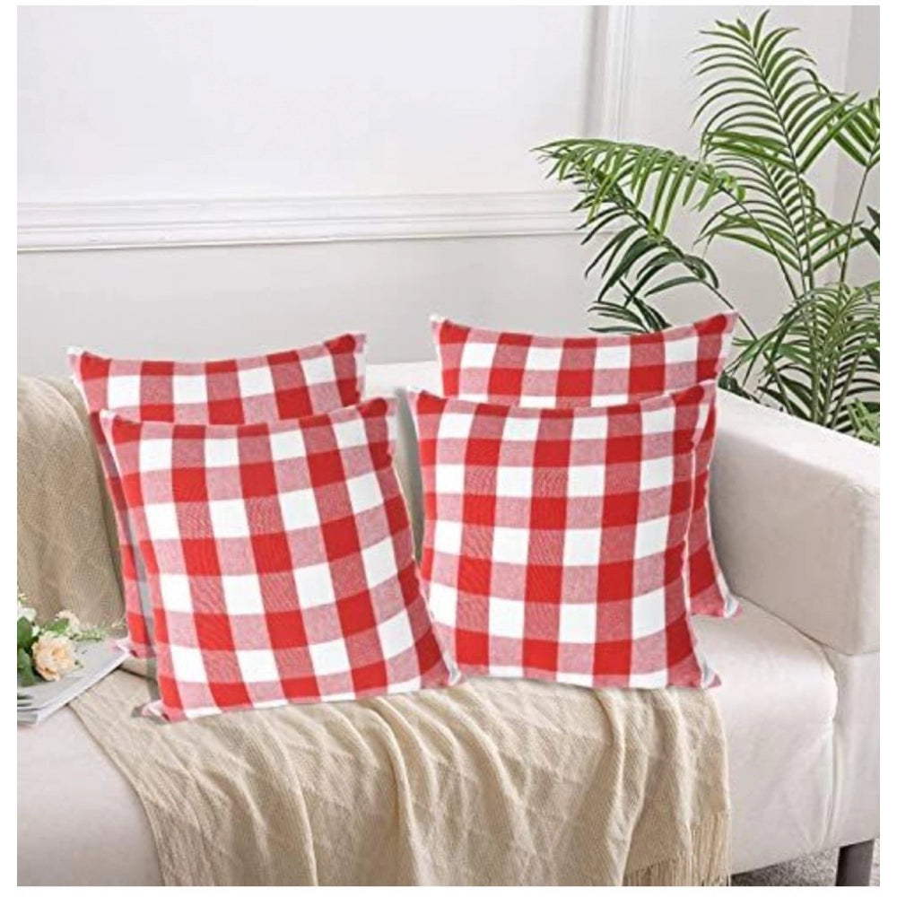 Amfyn Pack Of_4 Cotton Checkered Cushion Cover With Pom Pom (Red, Size: 20x20 In)