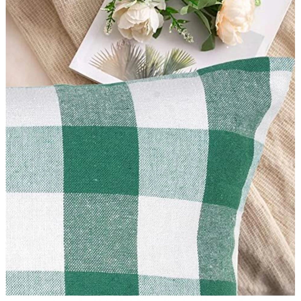 Amfyn Pack Of_4 Cotton Checkered Cushion Cover With Pom Pom (Green, Size: 16x16 In)