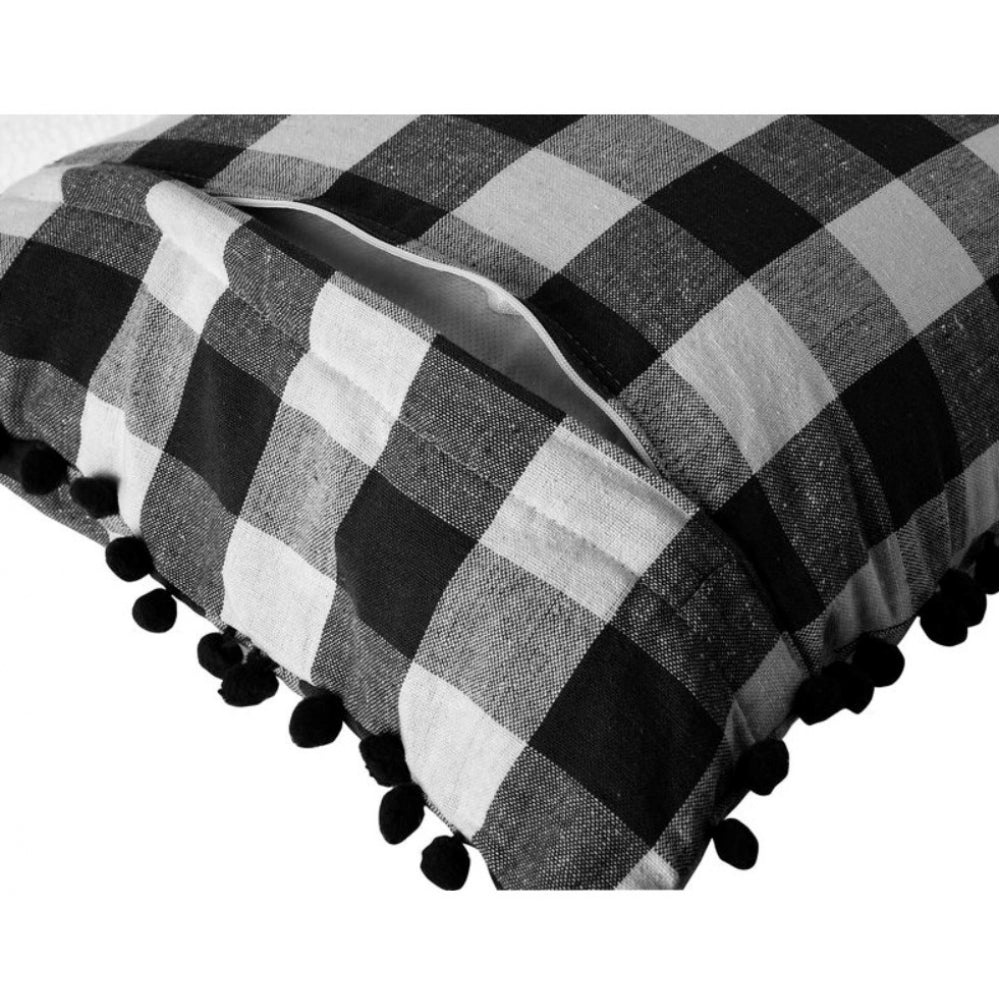 Amfyn Pack Of_2 Cotton Checkered Cushion Cover With Pom Pom (Black, Size: 18x18 In)