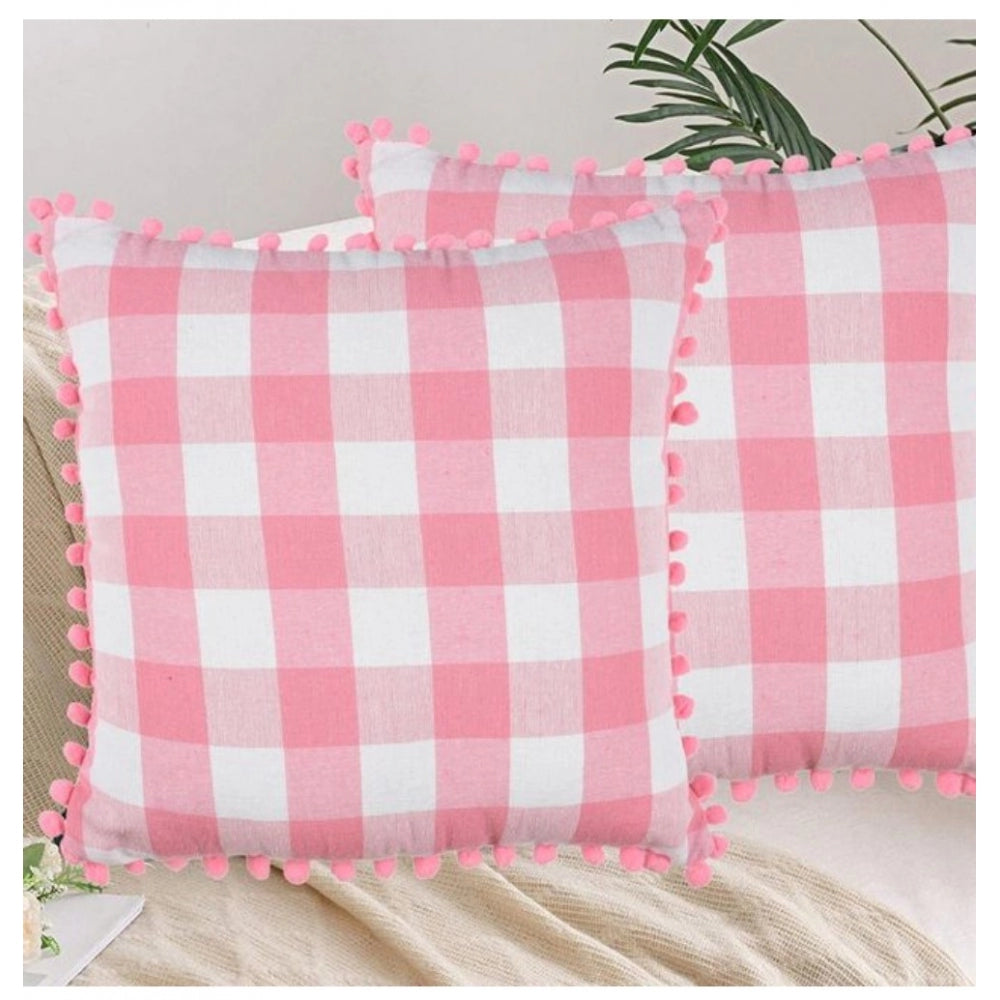 Amfyn Pack Of_2 Cotton Checkered Cushion Cover With Pom Pom (Baby Pink, Size: 18x18 In)