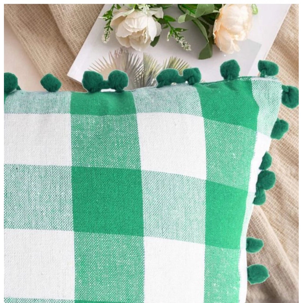 Amfyn Pack Of_2 Cotton Checkered Cushion Cover With Pom Pom (Green, Size: 12x20 In)