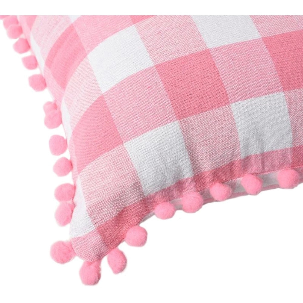 Amfyn Pack Of_2 Cotton Checkered Cushion Cover With Pom Pom (Baby Pink, Size: 18x18 In)