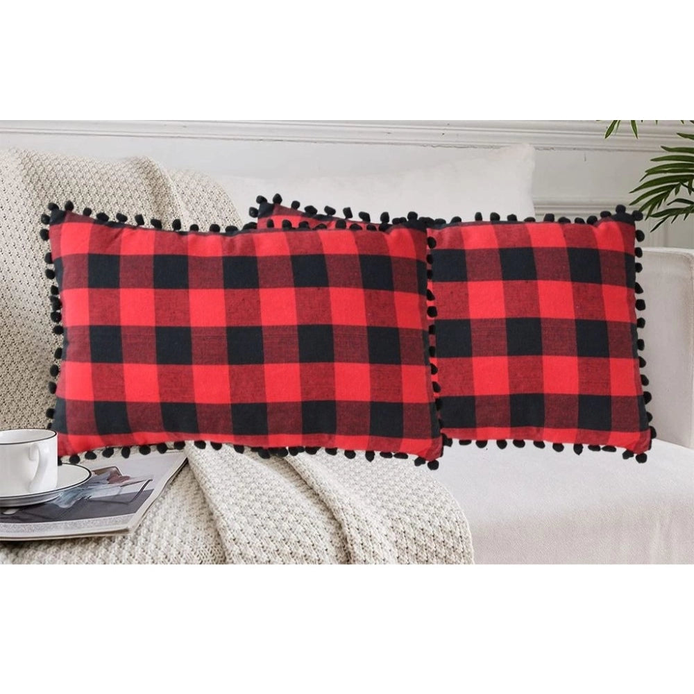 Amfyn Pack Of_2 Cotton Checkered Cushion Cover With Pom Pom (Red &amp; Black, Size: 12x20 In)