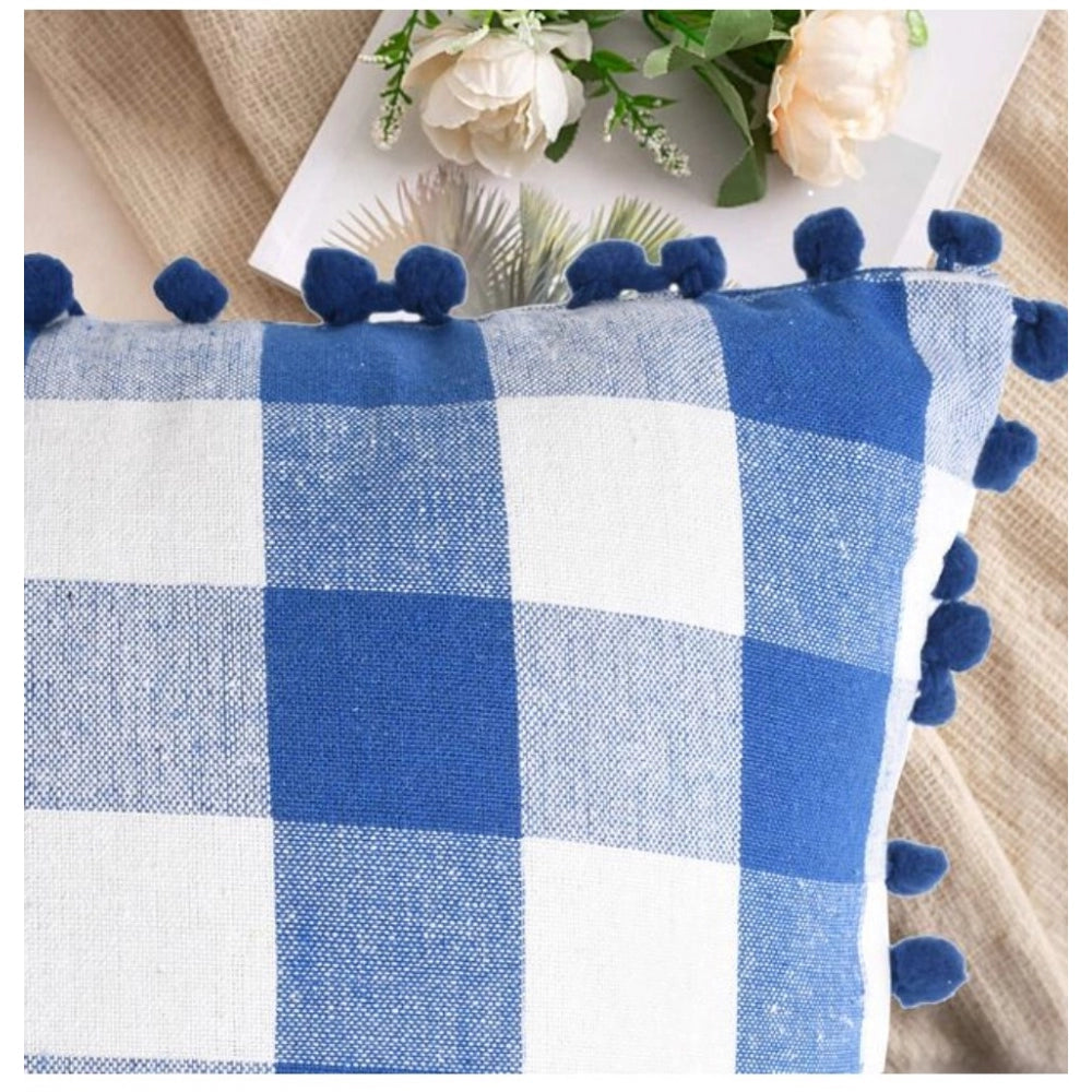 Amfyn Pack Of_2 Cotton Checkered Cushion Cover With Pom Pom (Blue, Size: 18x18 In)