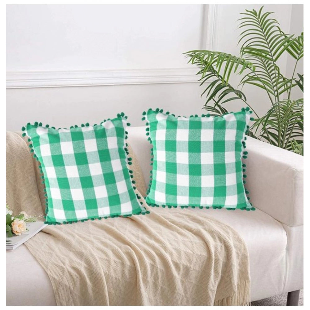 Amfyn Pack Of_2 Cotton Checkered Cushion Cover With Pom Pom (Green, Size: 18x18 In)