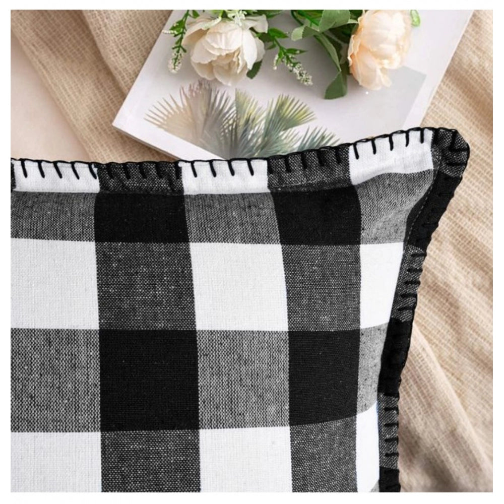 Amfyn Pack Of_2 Cotton Checkered Cushion Cover With Blanket Stitch (Black, Size: 12x20 In)