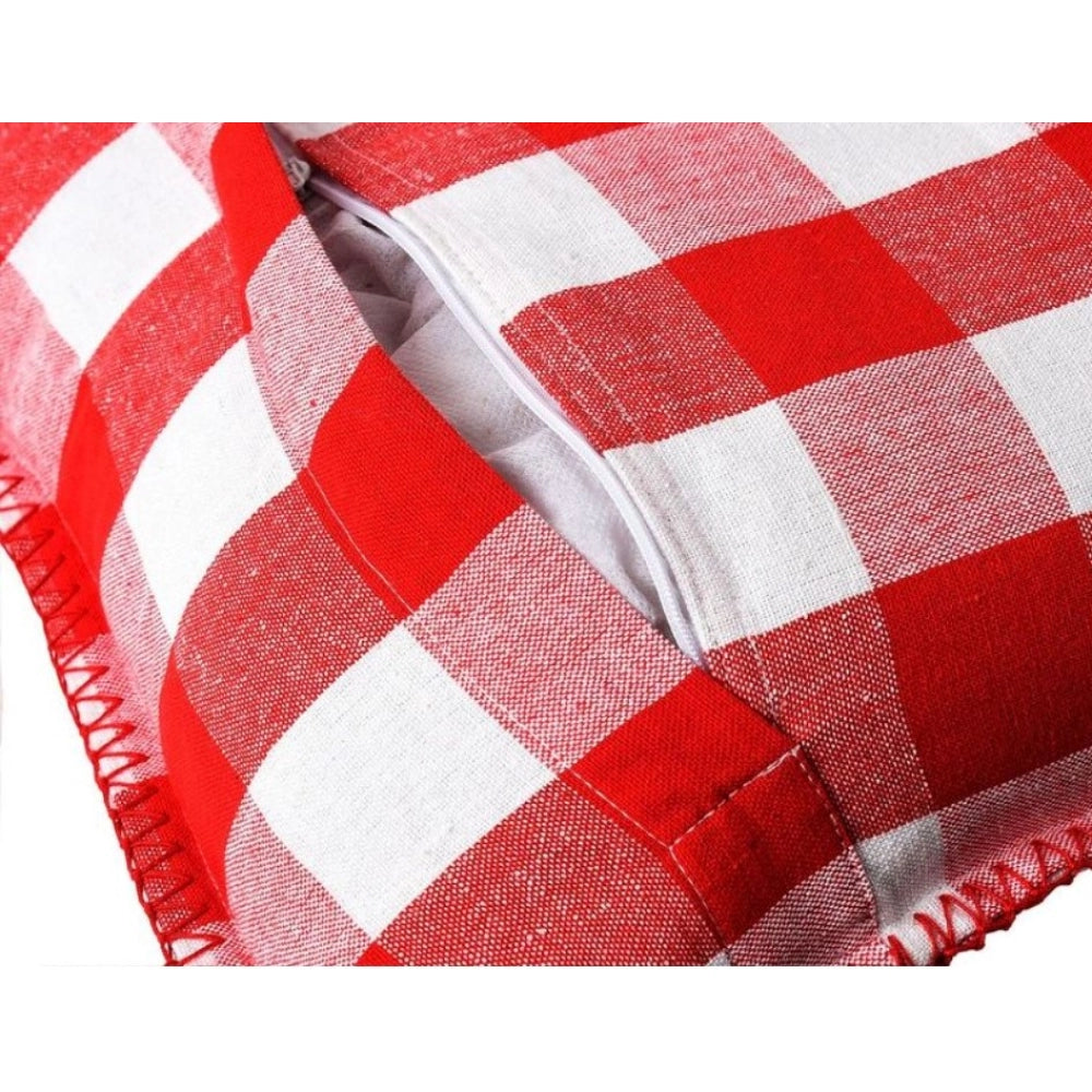 Amfyn Pack Of_2 Cotton Checkered Cushion Cover With Blanket Stitch (Red &amp; White, Size: 12x20 In)