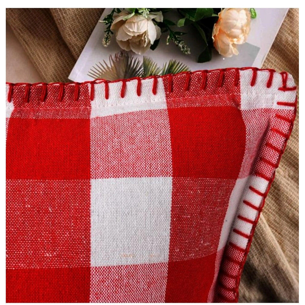 Amfyn Pack Of_2 Cotton Checkered Cushion Cover With Blanket Stitch (Red &amp; White, Size: 12x20 In)