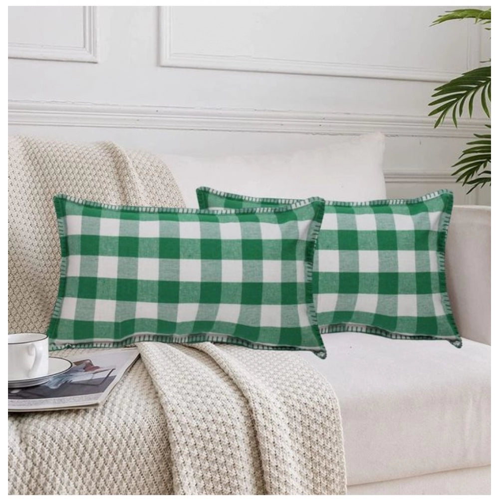 Amfyn Pack Of_2 Cotton Checkered Cushion Cover With Blanket Stitch (Green, Size: 12x20 In)