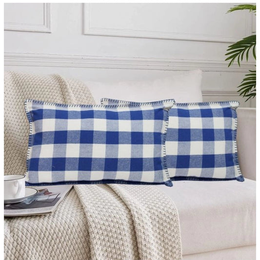 Amfyn Pack Of_2 Cotton Checkered Cushion Cover With Blanket Stitch (Blue, Size: 12x20 In)