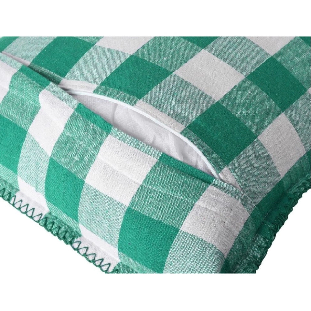 Amfyn Pack Of_2 Cotton Checkered Cushion Cover With Blanket Stitch (Green, Size: 18x18 In)