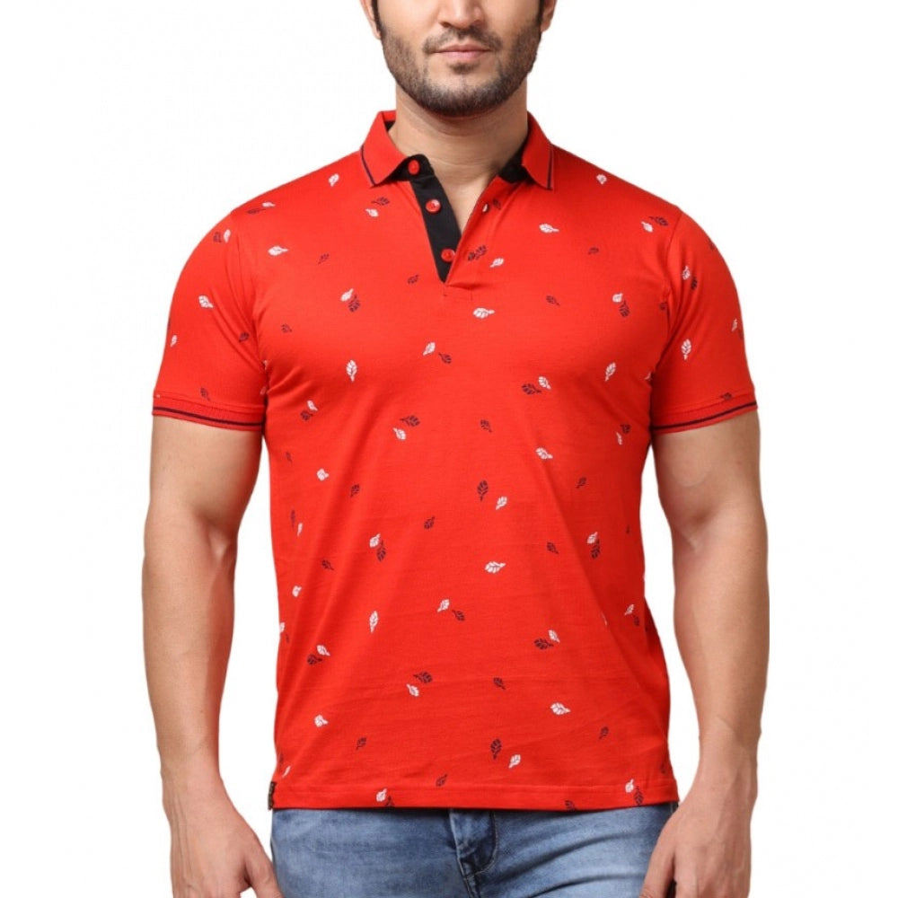 Amfyn Men's Casual Cotton Printed Polo Neck Half Sleeve T-Shirt (Red)