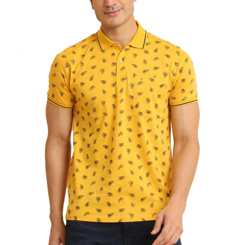 Amfyn Men's Casual Cotton Printed Polo Neck Half Sleeve T-Shirt (Mustard)