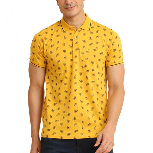 Amfyn Men's Casual Cotton Printed Polo Neck Half Sleeve T-Shirt (Mustard)