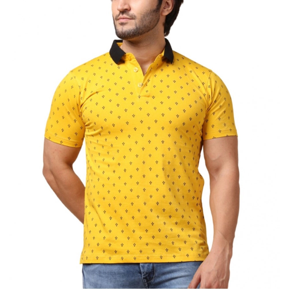 Amfyn Men's Casual Cotton Printed Polo Neck Half Sleeve T-Shirt (Yellow)