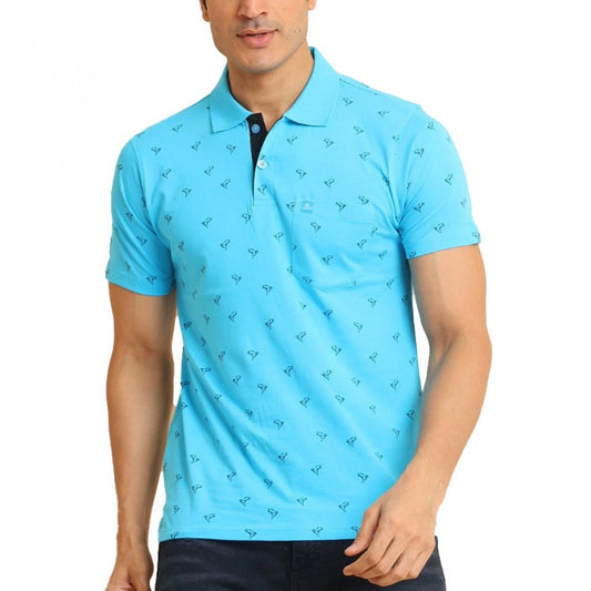 Amfyn Men's Casual Cotton Printed Polo Neck Half Sleeve T-Shirt (Skyblue)
