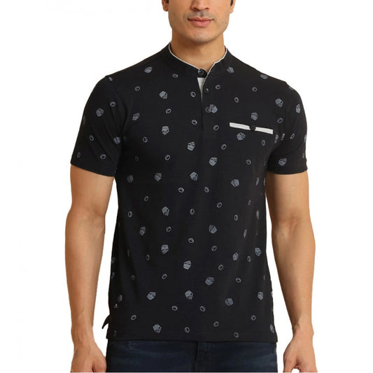 Amfyn Men's Casual Cotton Printed Mandarin Collar Half Sleeve T-Shirt (Black)