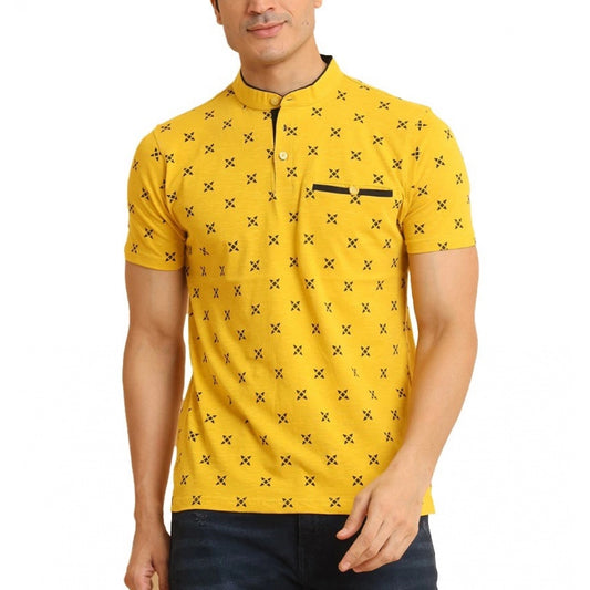 Amfyn Men's Casual Cotton Printed Mandarin Collar Half Sleeve T-Shirt (Mustard)